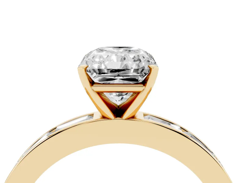 Radiant Cut Diamond Solitaire Ring Set in Yellow gold with Channel-Set Baguette Band and Prong Setting