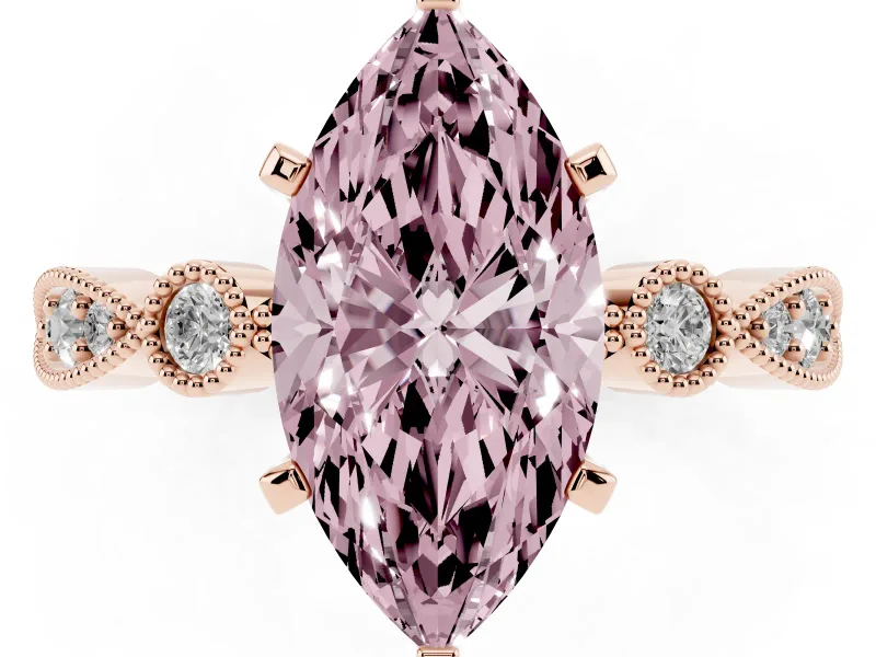Fancy Pink Marquise Cut Diamond Solitaire Engagement Ring Set in Rose gold with Milgrain Bezel Accent Band