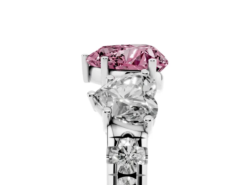 Fancy Pink Heart Cut Diamond Three-Stone Ring Set in White gold with Pavé Band