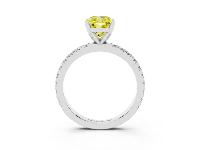 Fancy Yellow Cushion Cut Diamond Pavé Band Solitaire Set in Silver with Prong Setting