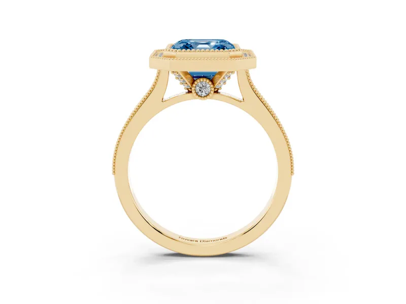 Asscher Cut Vintage Milgrain Halo Engagement Ring Setting for a Fancy Blue Lab-Grown Diamond | Bezel Head | Yellow Gold