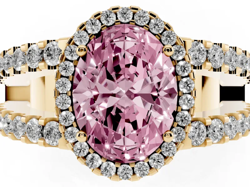 Oval Halo Split Shank Engagement Ring Setting for a Fancy Pink Lab-Grown Diamond | Yellow Gold