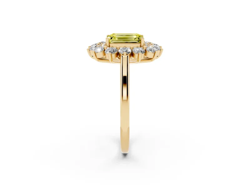 Emerald Cut Floral Double Halo Engagement Ring Setting for a Fancy Yellow Lab-Grown Diamond | Plain Band | Yellow Gold