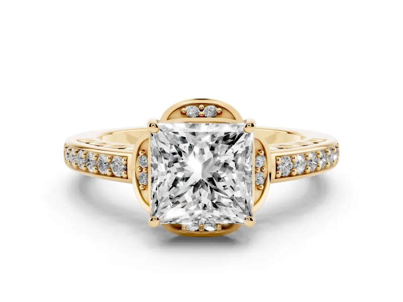 Princess Cut Diamond Halo Ring Set in Yellow gold with Channel Set Band and Prong Setting