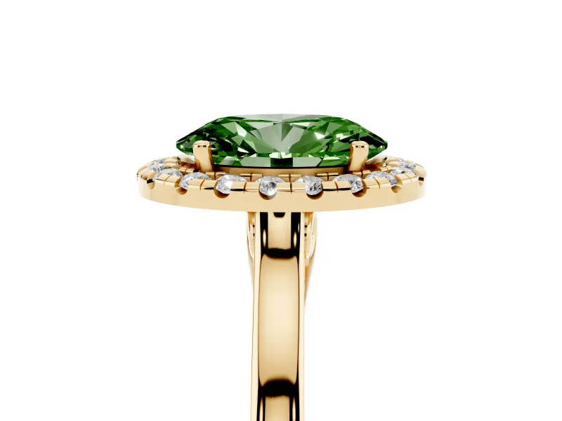 Fancy Green Oval Cut Halo Round Diamond Solitaire Ring Set in Yellow gold with Pavé Band and Prong Setting