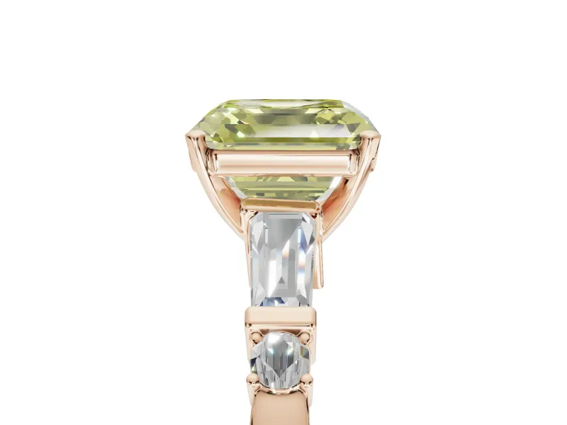 Asscher Cut Tapered Baguette Engagement Ring Setting for a Fancy Yellow Lab-Grown Diamond | Bar Set Sides | Rose Gold
