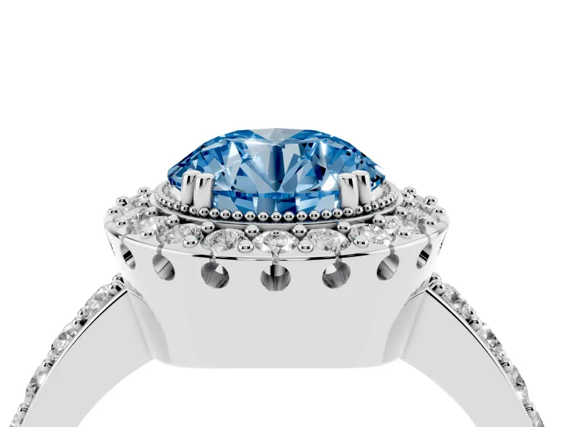 Round Vintage Milgrain Halo Engagement Ring Setting for a Fancy Blue Lab-Grown Diamond | Pierced Gallery | White Gold