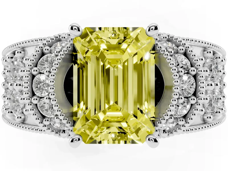 Emerald Cut Vintage Pave Engagement Ring Setting for a Fancy Yellow Lab-Grown Diamond | Milgrain Edges | Platinum