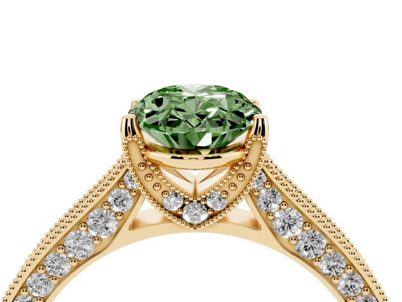 Oval Vintage Hidden Halo Engagement Ring Setting for a Fancy Green Lab-Grown Diamond | Milgrain Pave Band | Yellow Gold