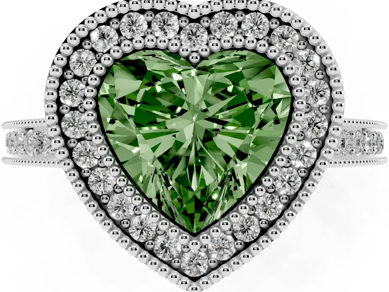 Fancy Green Heart Cut Diamond Halo Ring Set in White gold with Pavé Band and Milgrain-Edged Prongs