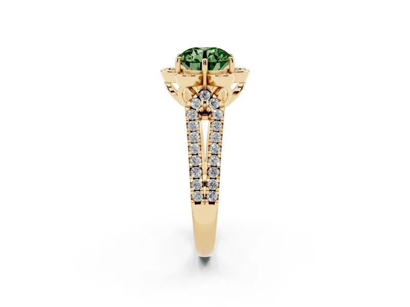Round Floral Halo Engagement Ring Setting for a Fancy Green Lab-Grown Diamond | Pavé Split Shank | Yellow Gold