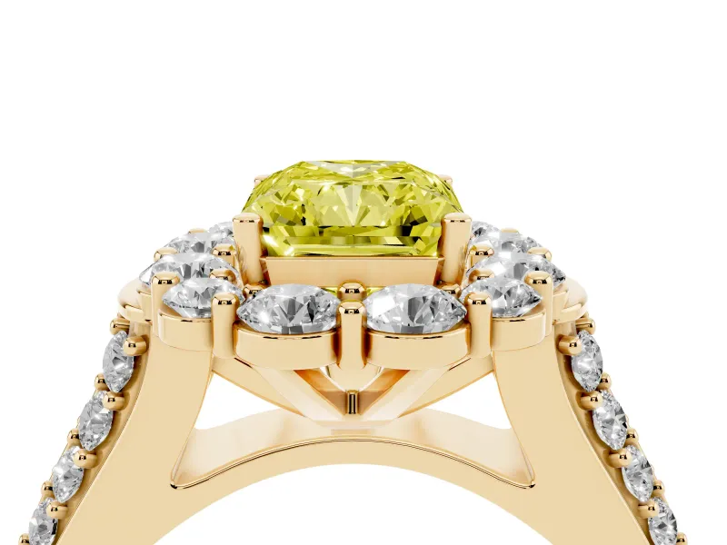 Fancy Yellow Radiant Cut Diamond Halo Engagement Ring Set in Yellow gold with Split Shank and Prong Setting