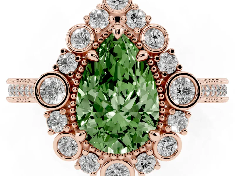 Pear-Shaped Scalloped Halo Engagement Ring Setting for a Fancy Green Lab-Grown Diamond | Milgrain Edges | Rose Gold