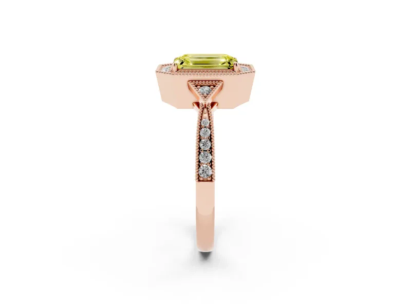 Fancy Yellow Emerald Cut Diamond Halo Engagement Ring Set in Rose gold with Milgrain Pavé Band