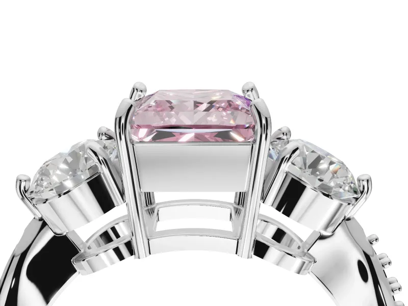 Princess Cut Three Stone Engagement Ring Setting for a Fancy Pink Lab-Grown Diamond | Tapered Pave Band | White Gold