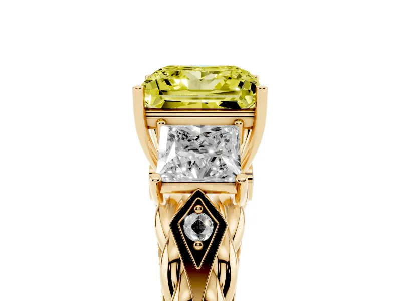 Princess Cut Three Stone Engagement Ring Setting for a Fancy Yellow Lab-Grown Diamond | Braided Band | Yellow Gold