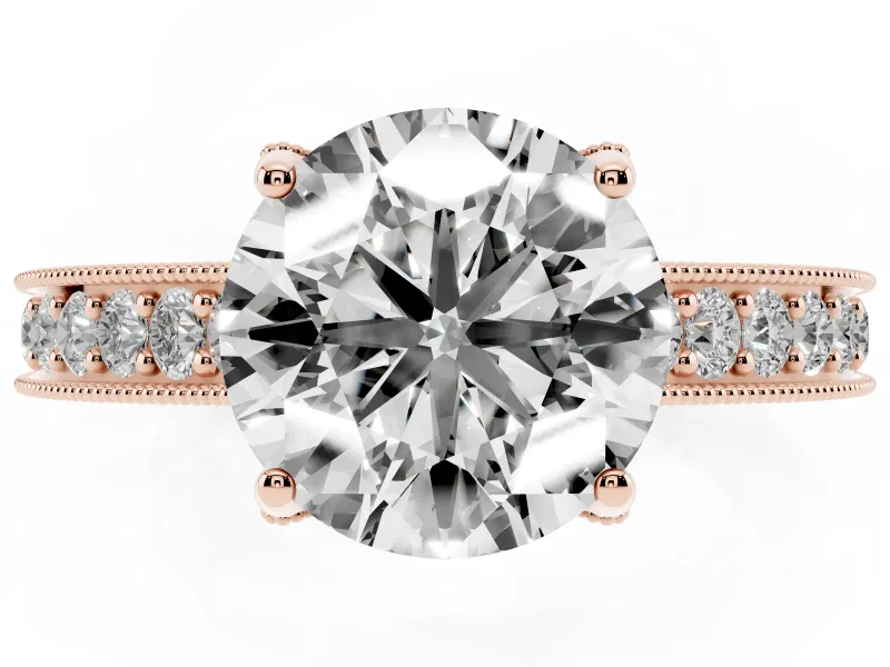 Round Vintage Hidden Halo Engagement Ring Setting | Milgrain Pave Band | Rose Gold