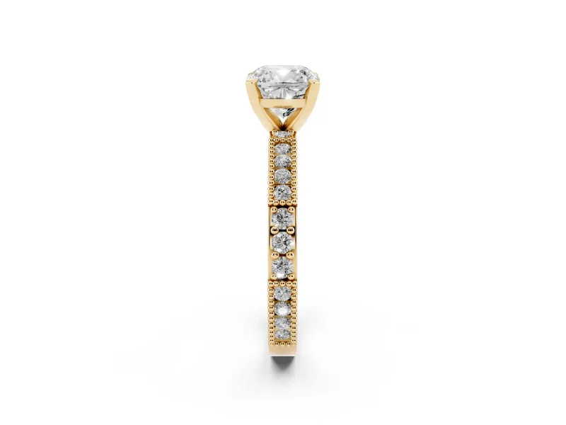 Cushion Cut Diamond Solitaire Ring Set in Yellow gold with Slim Pavé Band and Prong Setting