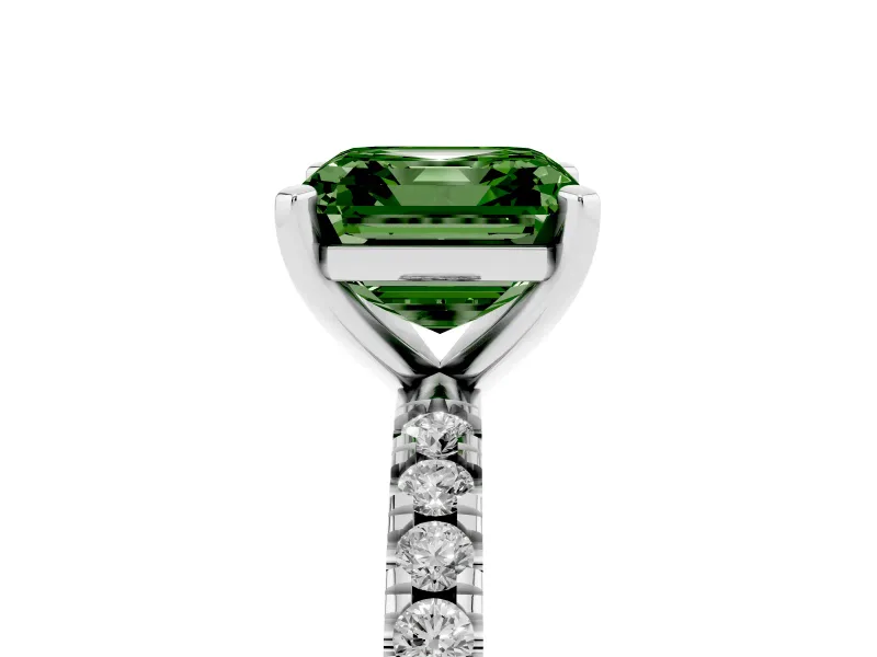 Fancy Green Asscher Cut Diamond Pavé Band Solitaire Set in Platinum with Prong Setting