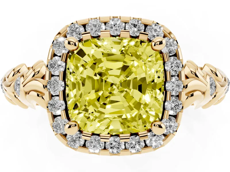 Cushion Cut Leaf Halo Engagement Ring Setting for a Fancy Yellow Lab-Grown Diamond | Bezel Accents | Yellow Gold
