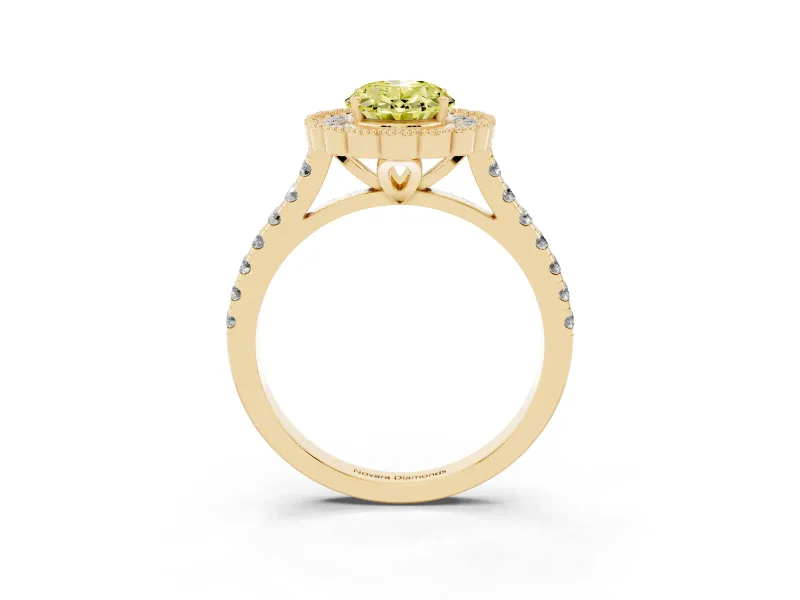 Fancy Yellow Oval Cut Diamond Milgrain Floral Halo Engagement Ring Set in Yellow gold with Pavé Band