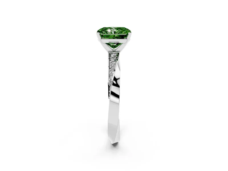 Fancy Green Radiant Cut Diamond Engagement Ring Set in Silver with Side Stone Accents and Prong Setting