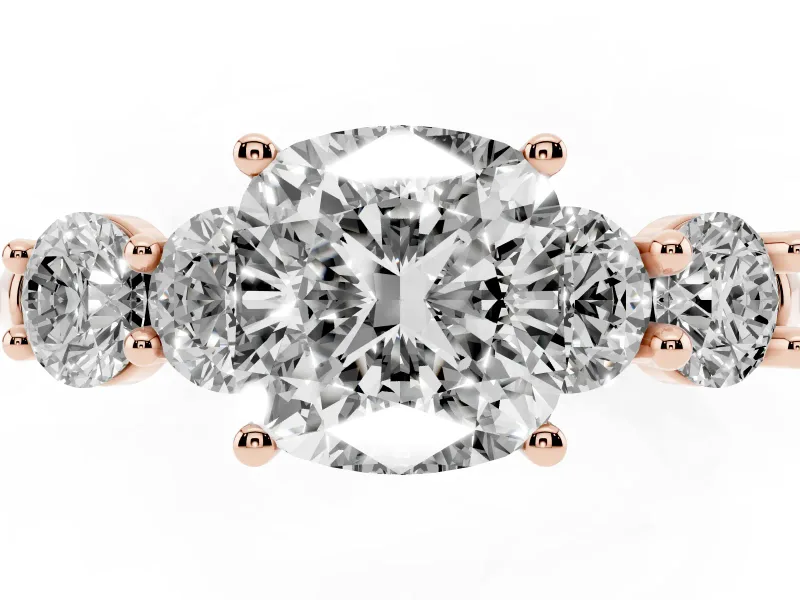 Cushion Cut Five Stone Engagement Ring Setting | Prong Set Side Stones | Rose Gold