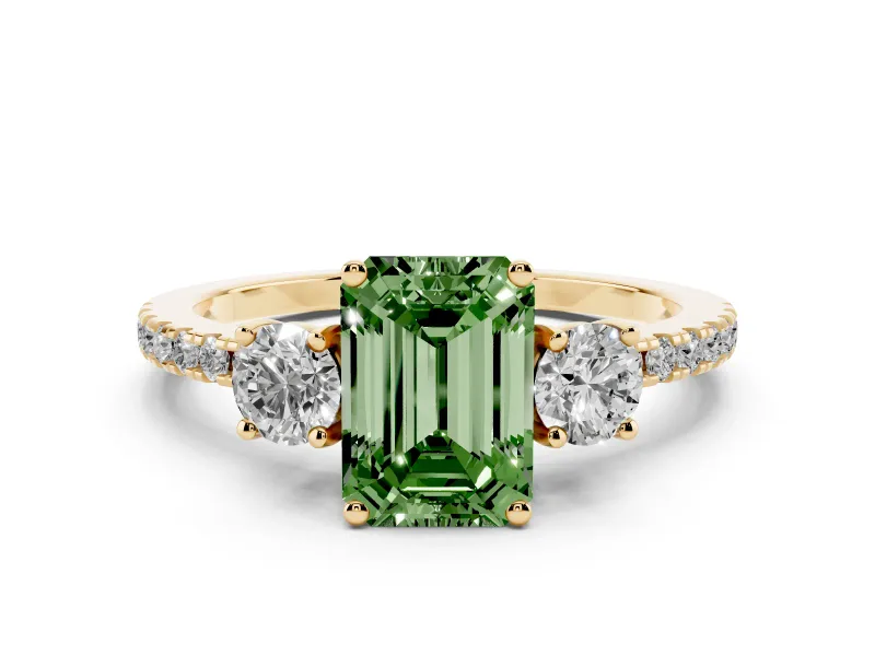 Fancy Green Emerald Cut Diamond Three-Stone Ring Set in Yellow gold with Pavé Band and Graduated Sides