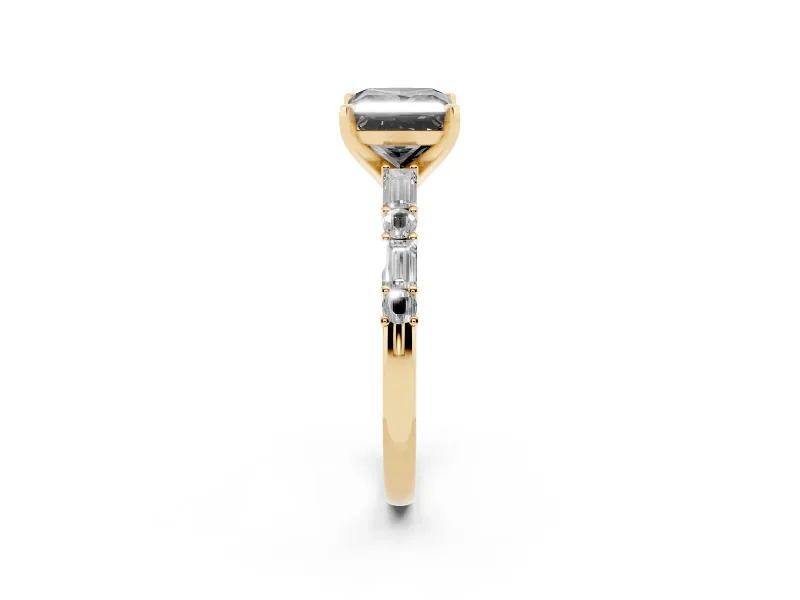 Fancy Black Princess Cut Diamond Solitaire Set in Yellow gold with Side Baguettes and Channel Set Band