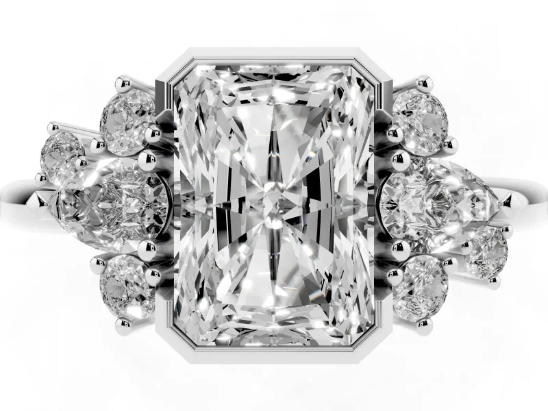 Radiant Cut Pear Side Stone Cluster Engagement Ring Setting | Bezel Frame | Platinum