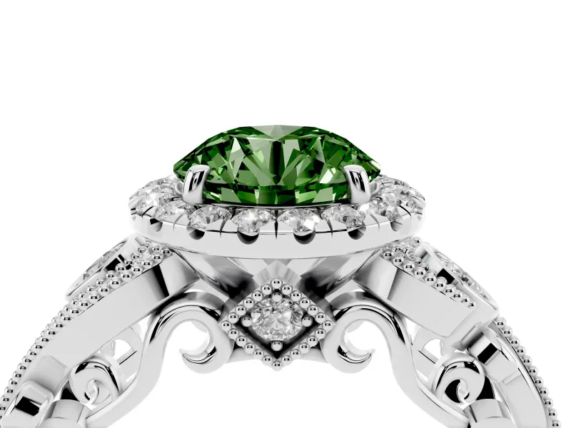 Fancy Green Round Cut Diamond Halo Ring Set in White gold with Milgrain Pavé Band and Prong Setting