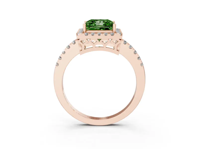 Princess Cut Halo Engagement Ring Setting for a Fancy Green Lab-Grown Diamond | Shared Prong Pavé Band | Rose Gold
