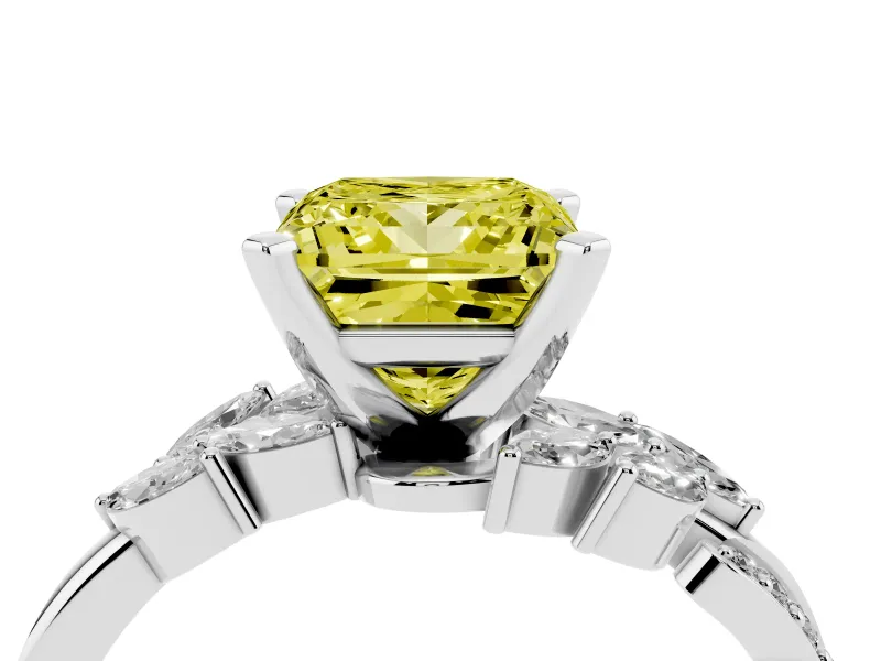Fancy Yellow Princess Cut Diamond Solitaire Ring Set in Platinum with Marquise Twist Band and Prong Setting