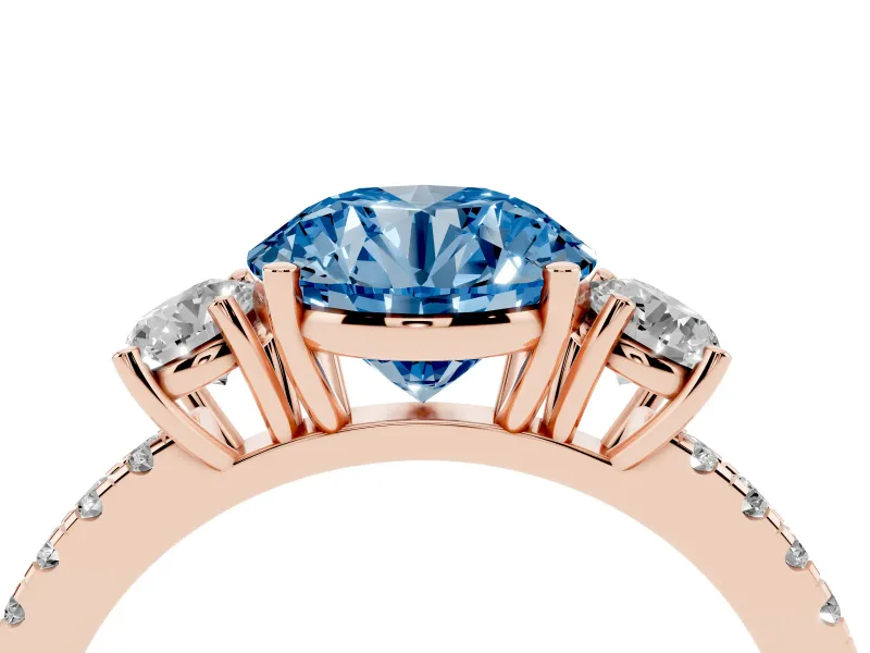 Round Three Stone Engagement Ring Setting for a Fancy Blue Lab-Grown Diamond | Pave Shoulders | Rose Gold