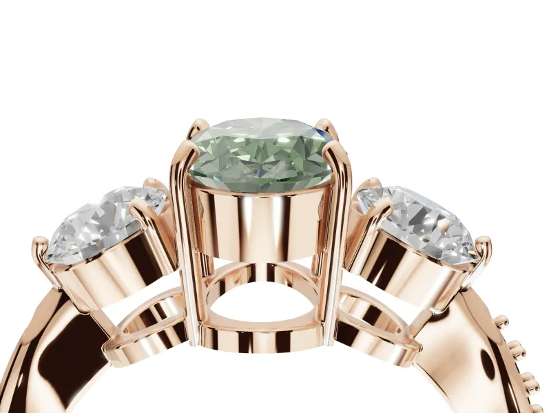 Oval Three Stone Engagement Ring Setting for a Fancy Green Lab-Grown Diamond | Tapered Pave Band | Rose Gold