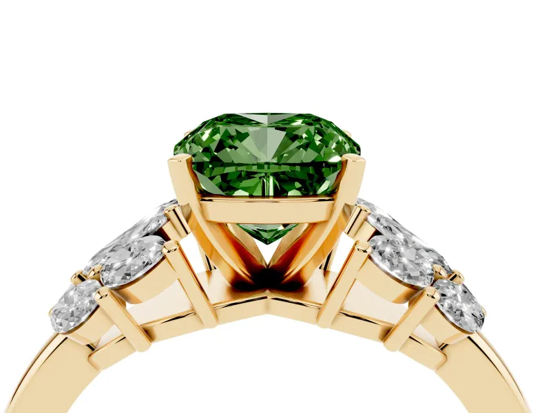 Fancy Green Cushion Cut Diamond Cluster Leaf Design Ring Set in Yellow gold with Prong Setting