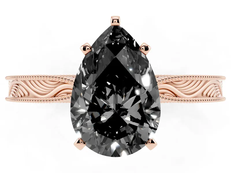 Pear-Shaped Engraved Solitaire Engagement Ring Setting for a Black Center | Rose Gold