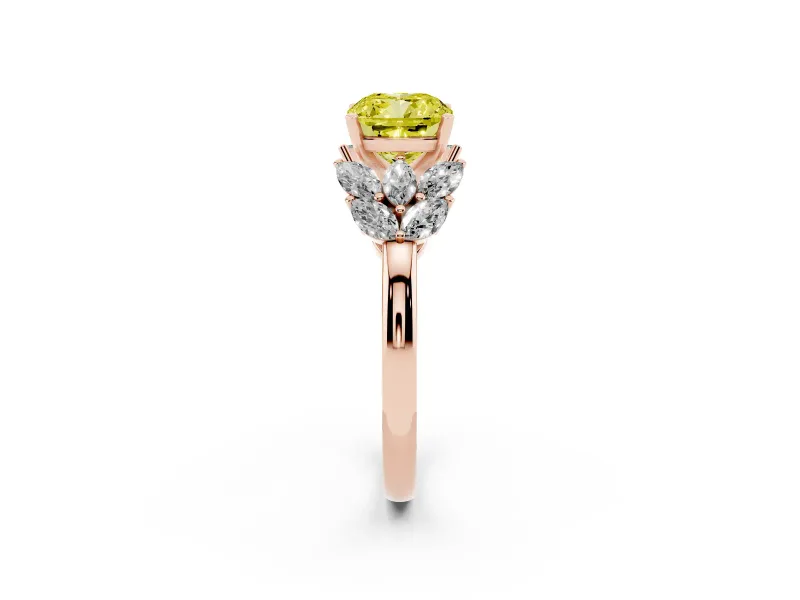 Cushion Cut Leaf Cluster Engagement Ring Setting for a Fancy Yellow Lab-Grown Diamond | Rose Gold