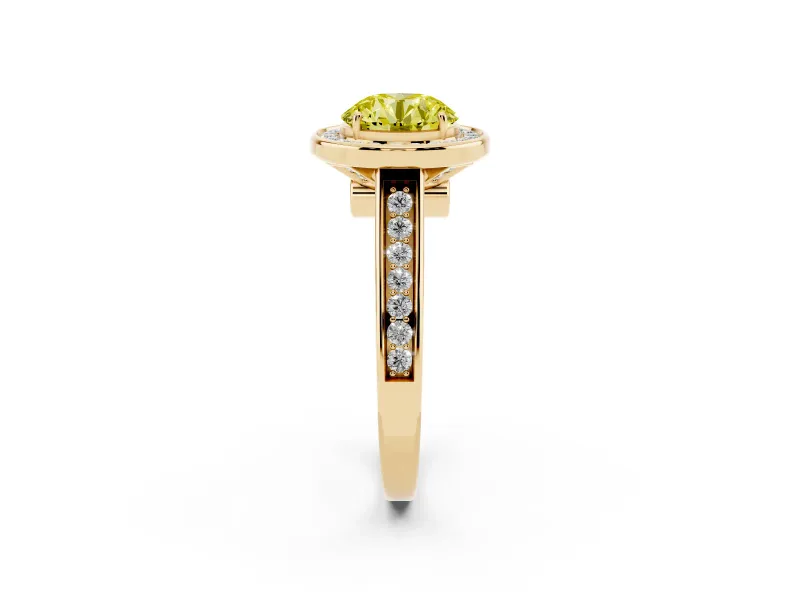 Fancy Yellow Round Cut Diamond Halo Solitaire Ring Set in Yellow gold with Pavé Band and Bezel Setting