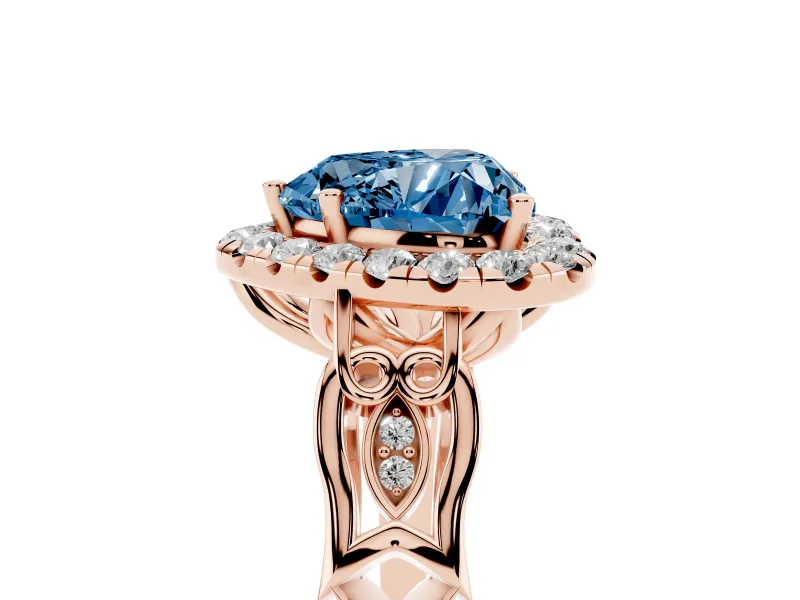 Heart-Shaped Halo Engagement Ring Setting for a Fancy Blue Lab-Grown Diamond | Filigree Shoulders | Rose Gold