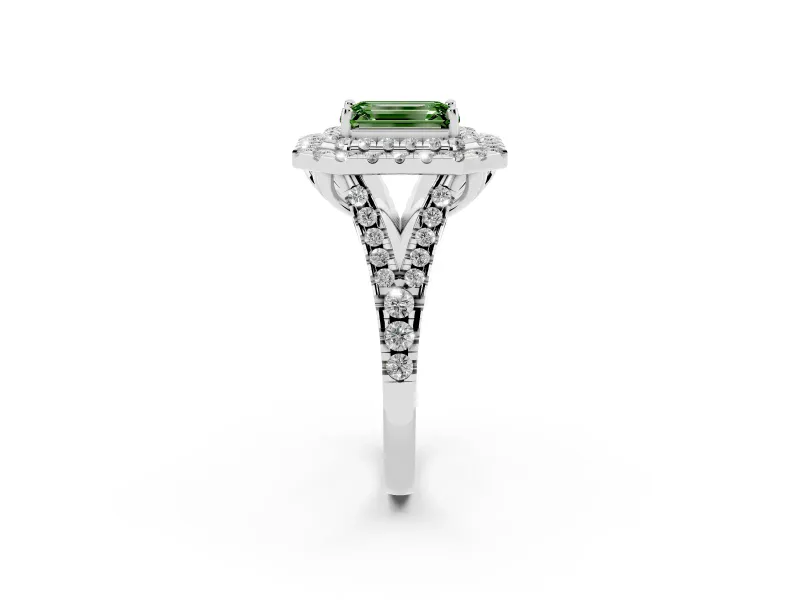 Emerald Cut Halo Split Shank Engagement Ring Setting for a Fancy Green Lab-Grown Diamond | Pavé Strands | White Gold
