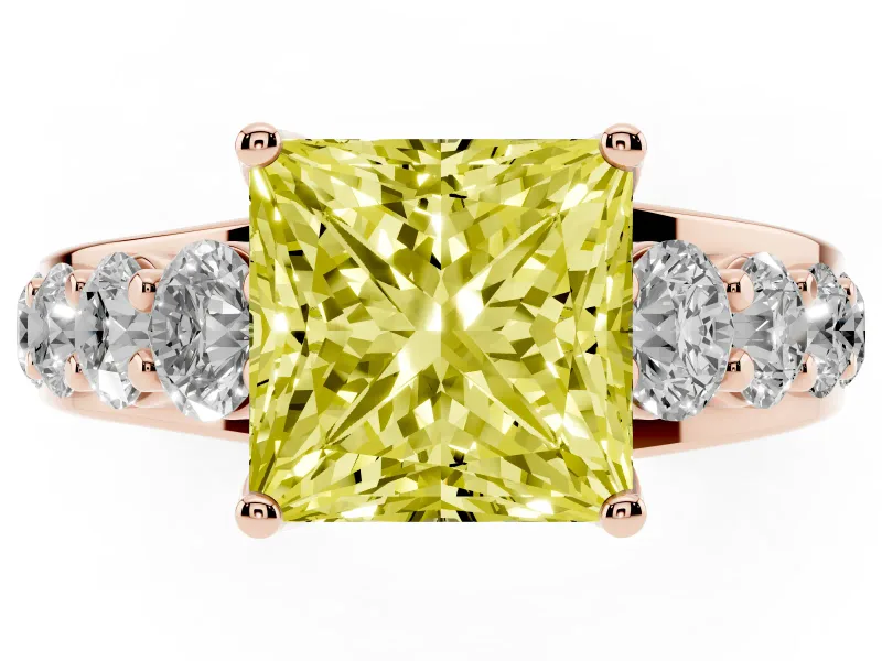 Fancy Yellow Princess Cut Diamond Pavé Engagement Ring Set in Rose gold with Prong Setting