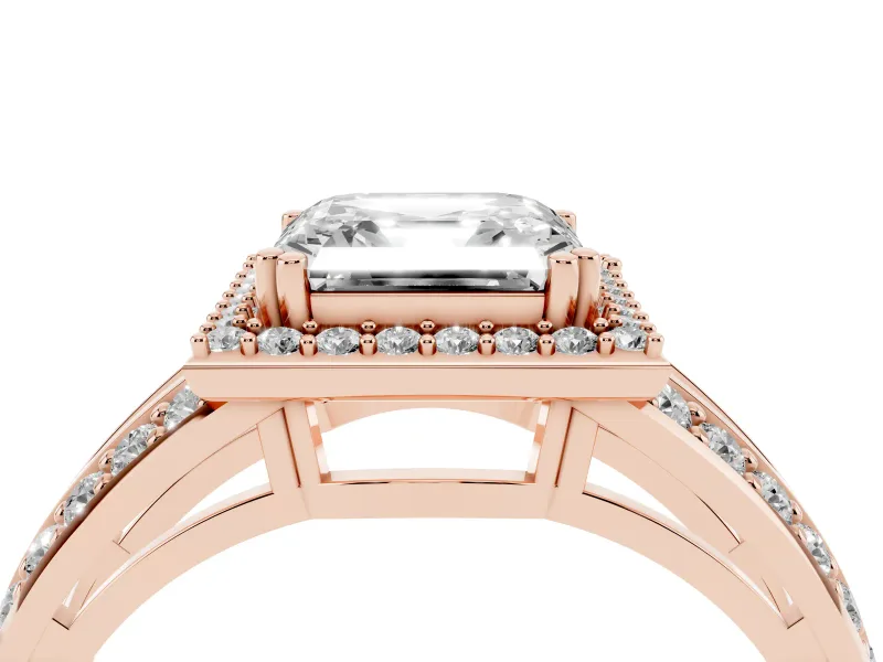 Asscher Cut Halo Engagement Ring Setting | Two-Row Pave Split Shank | Rose Gold