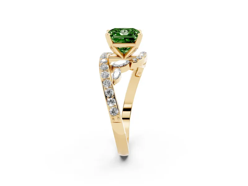 Fancy Green Princess Cut Diamond Solitaire Ring Set in Yellow gold with Pavé Twist Band and Secure Prong Setting