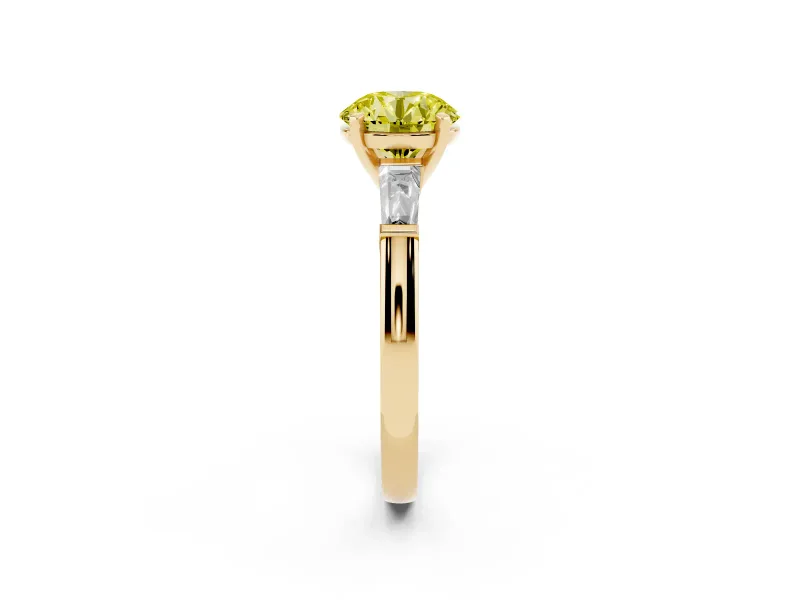 Round Three Stone Engagement Ring Setting for a Fancy Yellow Lab-Grown Diamond | Tapered Baguettes | Yellow Gold