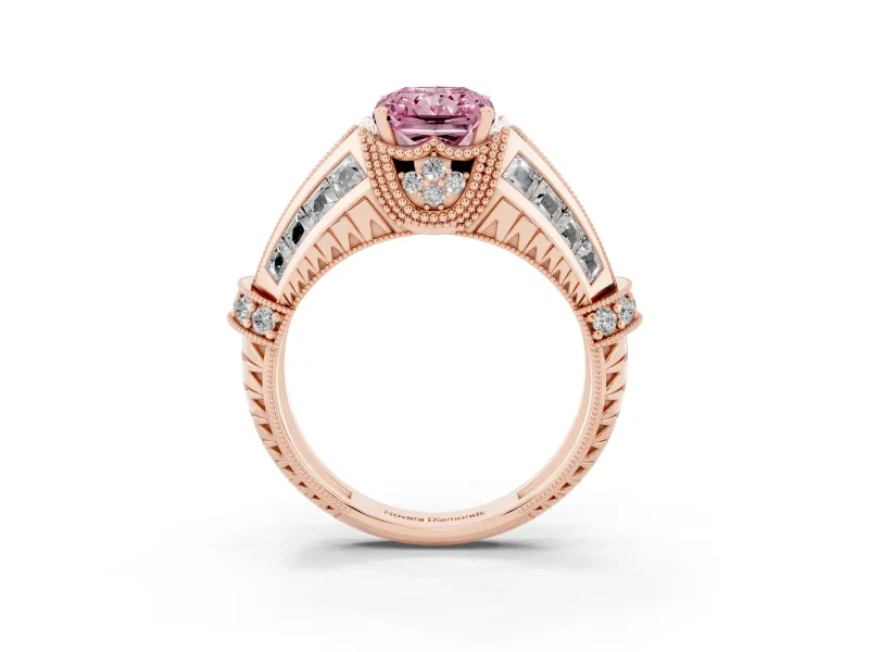 Fancy Pink Radiant Cut Diamond Vintage-Inspired Milgrain Ring Set in Rose gold with Accent Split Shank