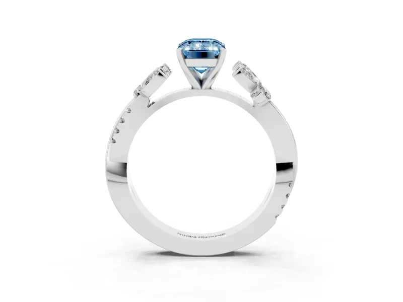 Fancy Blue Emerald Cut Diamond Floral Vine Solitaire Engagement Ring Set in Silver with Marquise Leaves