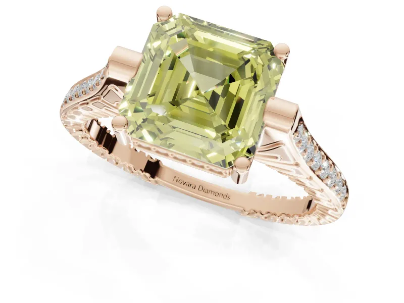 Asscher Cut Vintage Cathedral Engagement Ring Setting for a Fancy Yellow Lab-Grown Diamond | Carved Band | Rose Gold