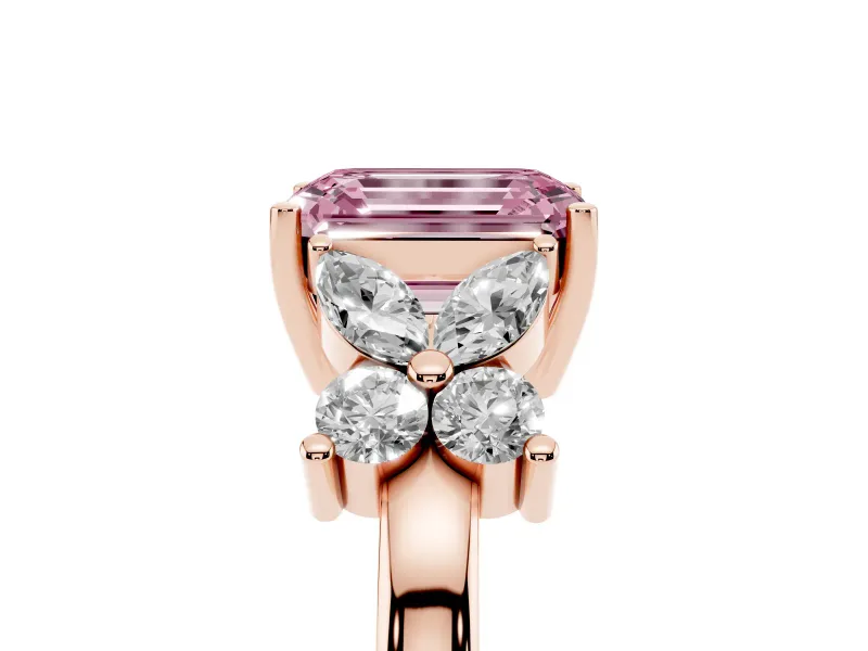 Fancy Pink Emerald Cut Diamond Floral Cluster Ring Set in Rose gold with Marquise Petals and Prong Setting