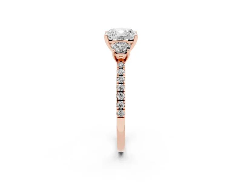 Cushion Cut Three Stone Engagement Ring Setting | Pave Shoulders | Rose Gold
